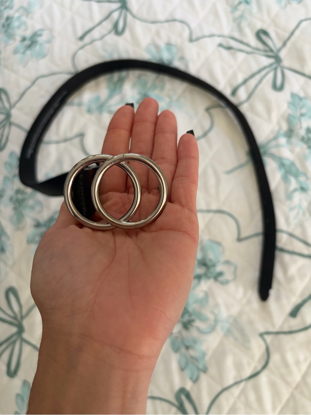 Divided Black Double-Ring Waist Belt with Silver Buckle